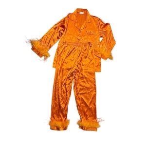 Bon Vivian Orange Satin Pajama Set with Feather Trim